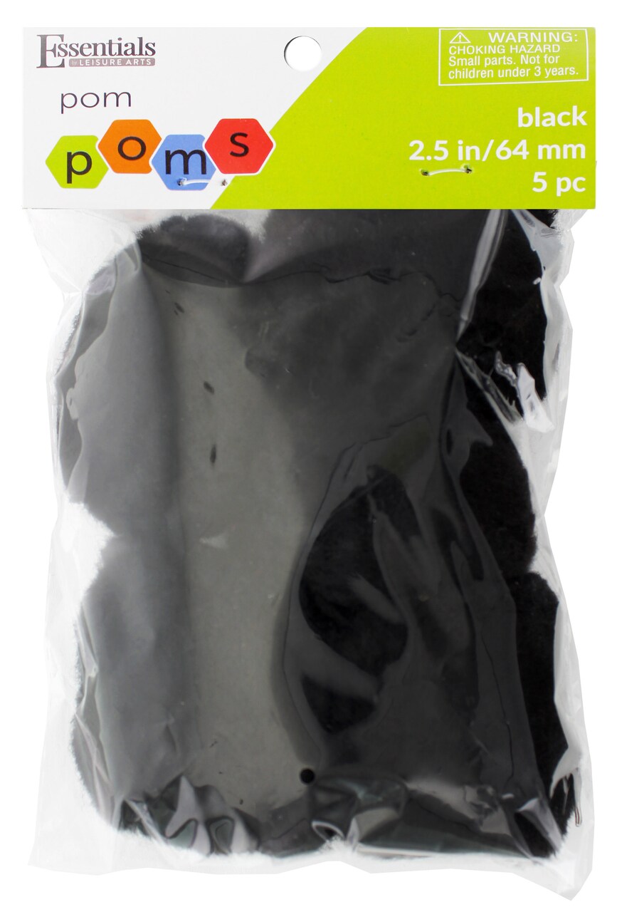Essentials by Leisure Arts Pom Poms, Black -2.5", 5 Pieces per Pack